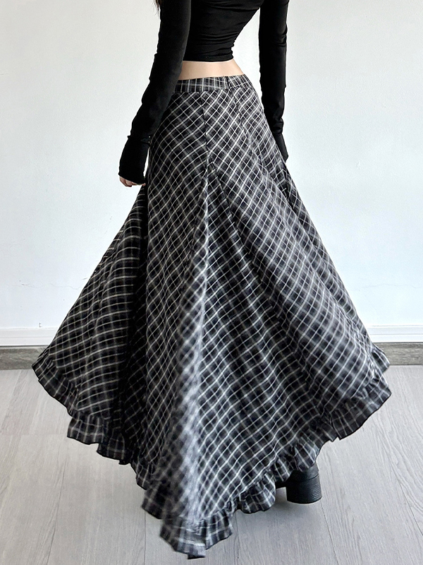 EMMIOL Falda larga irregular a cuadros vintage