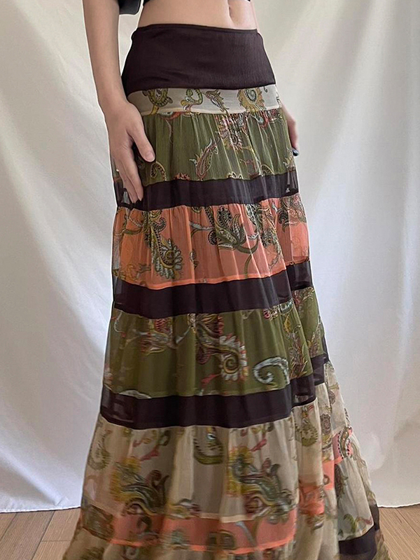 EMMIOL Falda larga con bloques de color y estampado retro