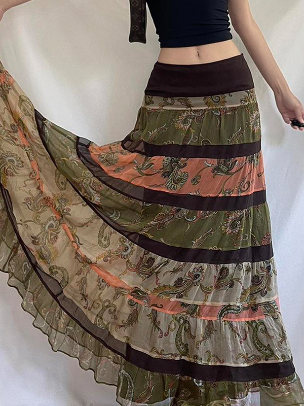 EMMIOL Falda larga con bloques de color y estampado retro