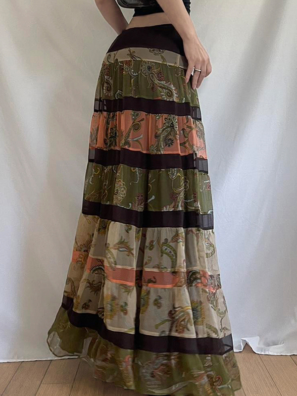 EMMIOL Falda larga con bloques de color y estampado retro