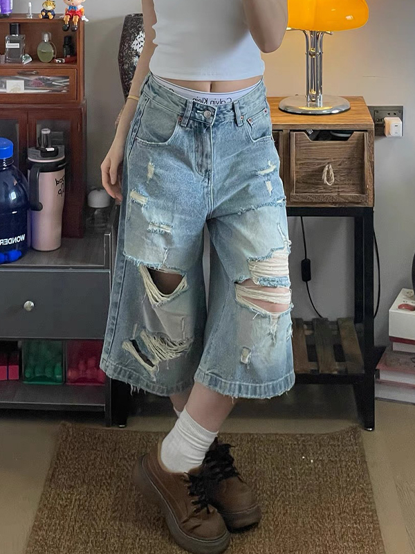 EMMIOL Ragged Denim Shorts im amerikanischen Stil