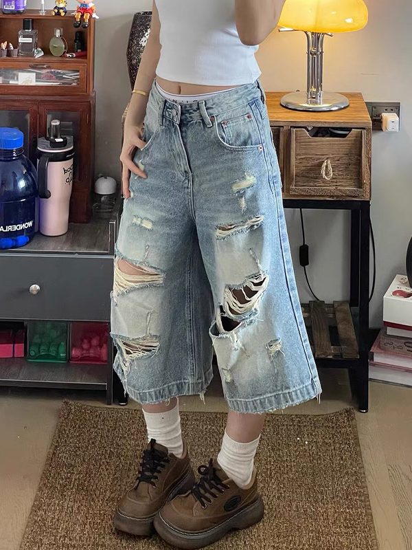 EMMIOL Ragged Denim Shorts im amerikanischen Stil