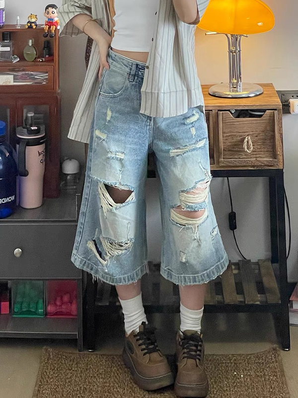 EMMIOL Ragged Denim Shorts im amerikanischen Stil