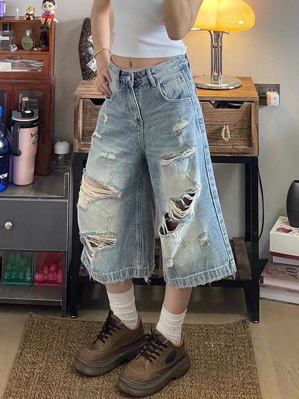 EMMIOL Ragged Denim Shorts im amerikanischen Stil