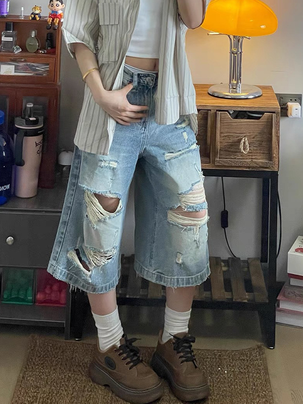 EMMIOL Ragged Denim Shorts im amerikanischen Stil