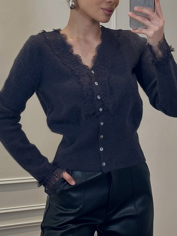 EMMIOL Cárdigan multicolor con cuello en V y ribete de encaje