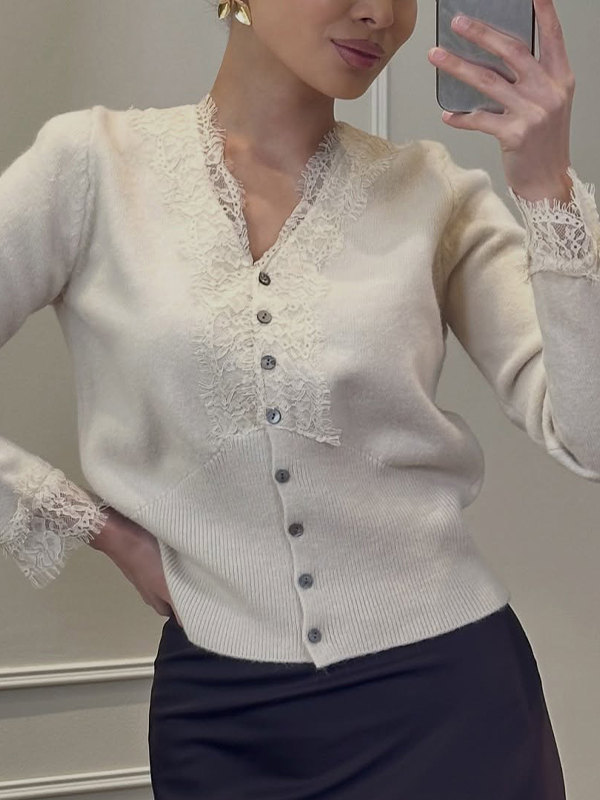 EMMIOL Lace-Trimmed Multicoloured V-Neck Cardigan
