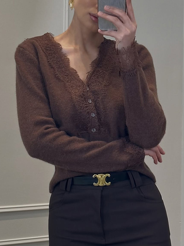 EMMIOL Cárdigan multicolor con cuello en V y ribete de encaje