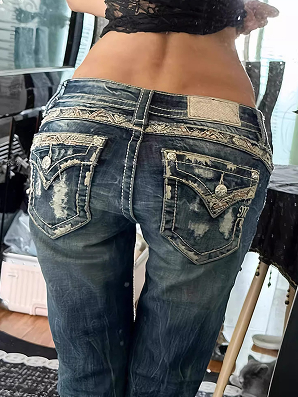 EMMIOL Jeans acampanados de lavado desgastado de inspiración vintage