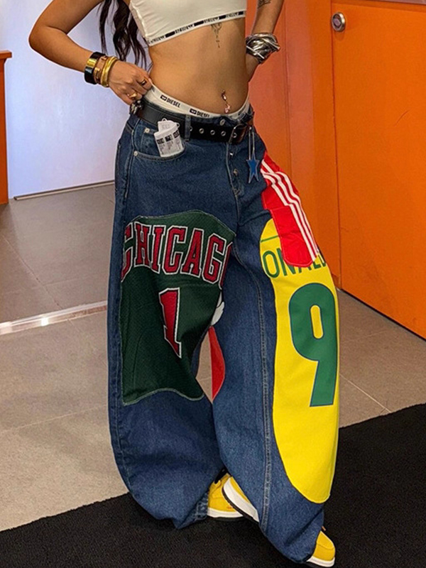 EMMIOL Jeans boyfriend con estampado retro de bloques de color