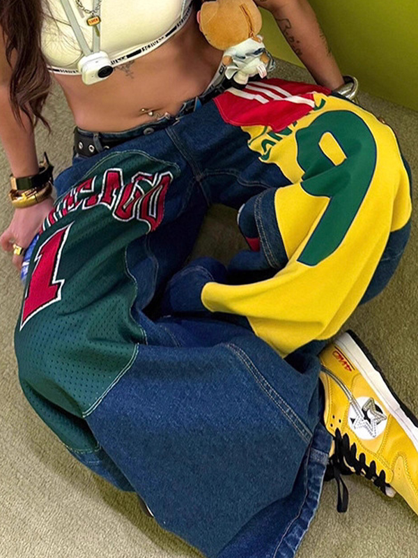 EMMIOL Jeans boyfriend con estampado retro de bloques de color