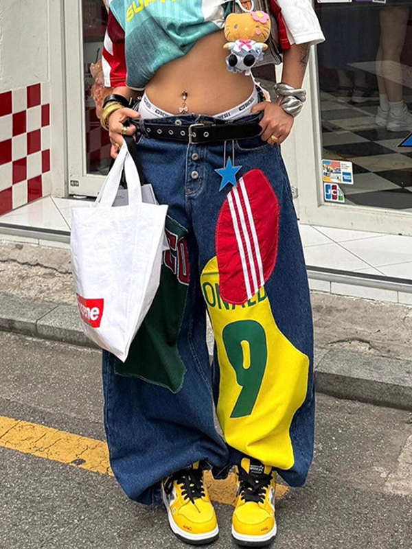 EMMIOL Jeans boyfriend con estampado retro de bloques de color