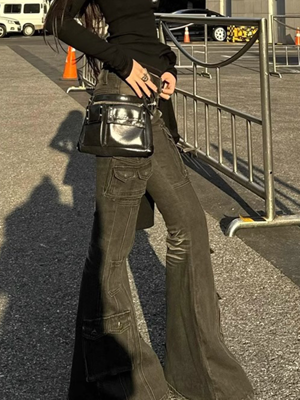 EMMIOL Pantalones vaqueros acampanados retro con múltiples bolsillos