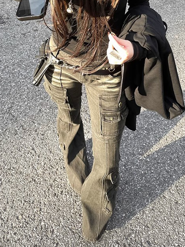 EMMIOL Pantalones vaqueros acampanados retro con múltiples bolsillos