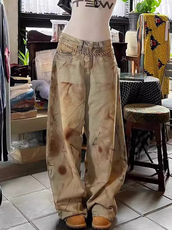EMMIOL Wasteland-Style Yellow Mud Tie-Dye Boyfriend Jeans