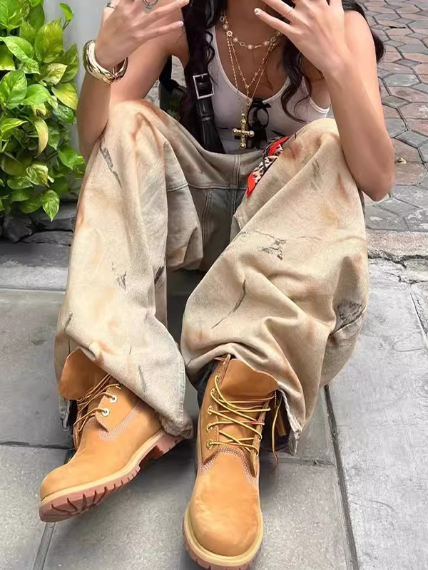 EMMIOL Wasteland-Style Yellow Mud Tie-Dye Boyfriend Jeans