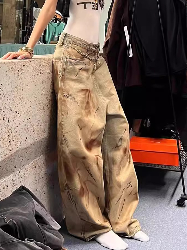 EMMIOL Wasteland-Style Yellow Mud Tie-Dye Boyfriend Jeans