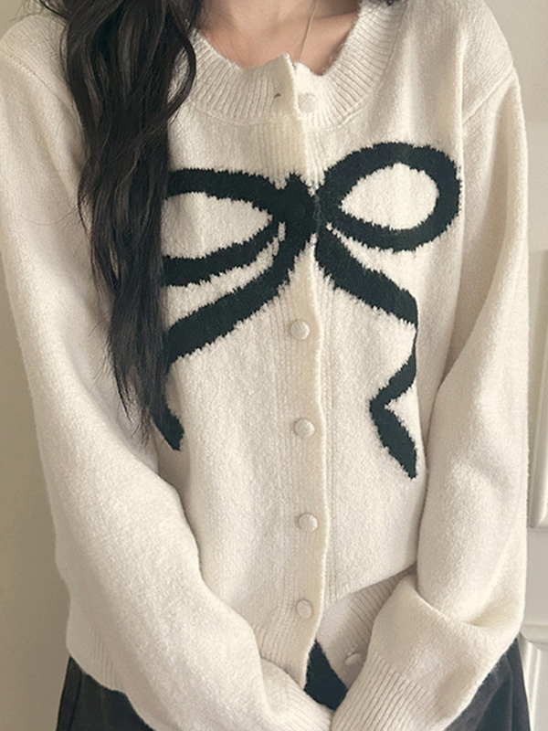 EMMIOL Contrasting Bow Cardigan
