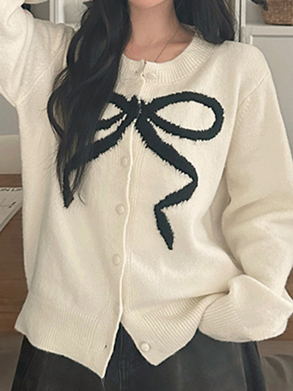 EMMIOL Contrasting Bow Cardigan