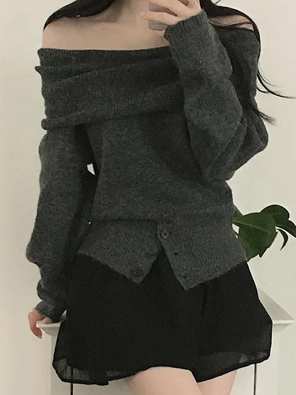 EMMIOL Französischer schulterfreier Ausschnitt, lange Ärmel