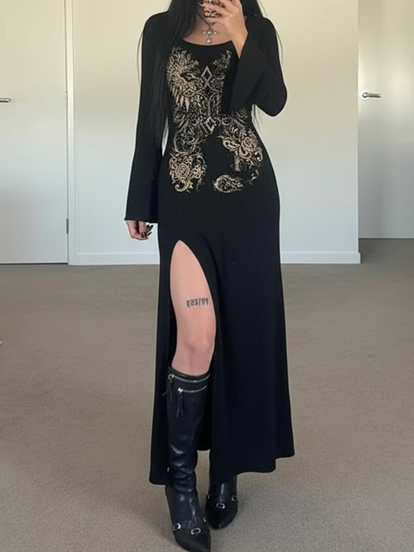 EMMIOL Dark-Themed Vintage Prints Maxi Dress