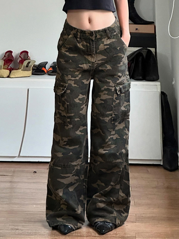EMMIOL Boyfriend-Jeans mit Used-Look-Camouflage-Design