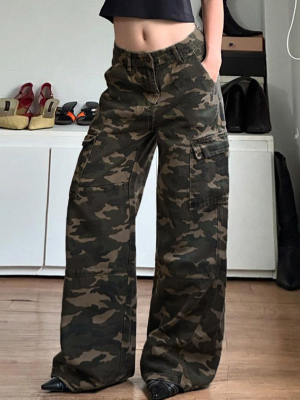 EMMIOL Boyfriend-Jeans mit Used-Look-Camouflage-Design