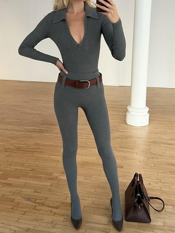 EMMIOL Conjunto de dos piezas de color liso con cuello en V