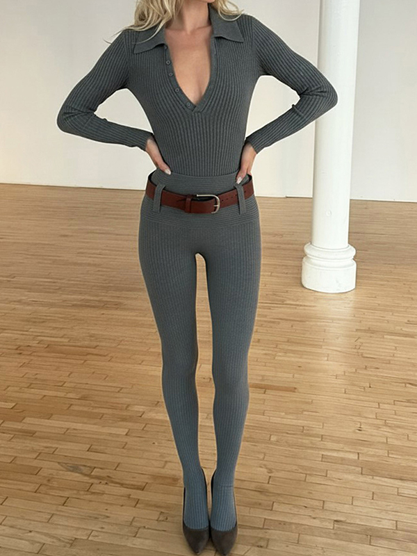 EMMIOL Conjunto de dos piezas de color liso con cuello en V