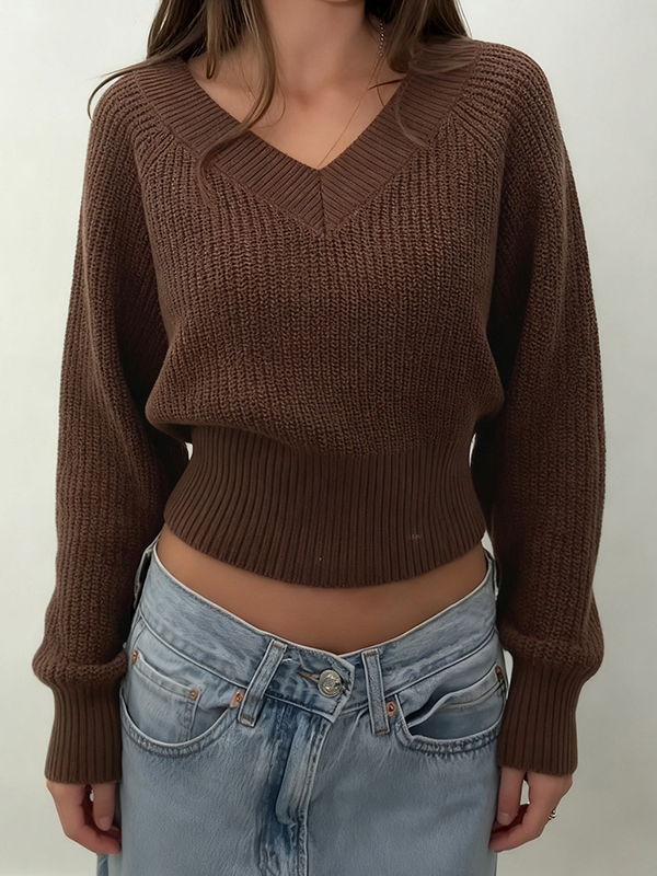 EMMIOL Suéteres marrones de cuello en V y corte holgado