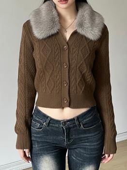 Emmiol Free shipping 2026 Vintage Knitted Diamond Pattern Jacket Brown ...