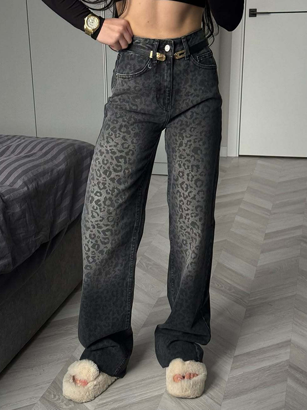 EMMIOL Boyfriend-Jeans mit Leopardenmuster