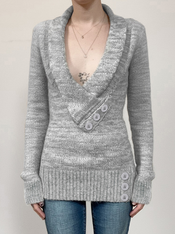 EMMIOL Retro-Langarmshirt mit gerolltem V-Ausschnitt