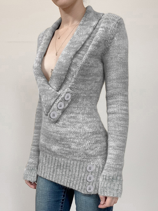 EMMIOL Retro-Langarmshirt mit gerolltem V-Ausschnitt