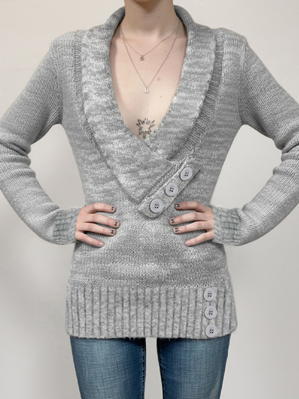 EMMIOL Retro-Langarmshirt mit gerolltem V-Ausschnitt