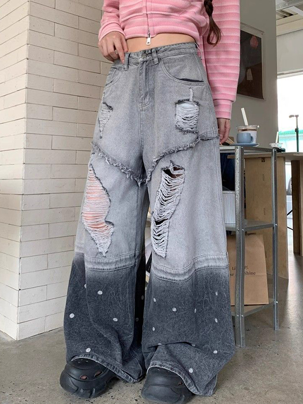 EMMIOL Wash-Faded Sectioning Ripped Jeans