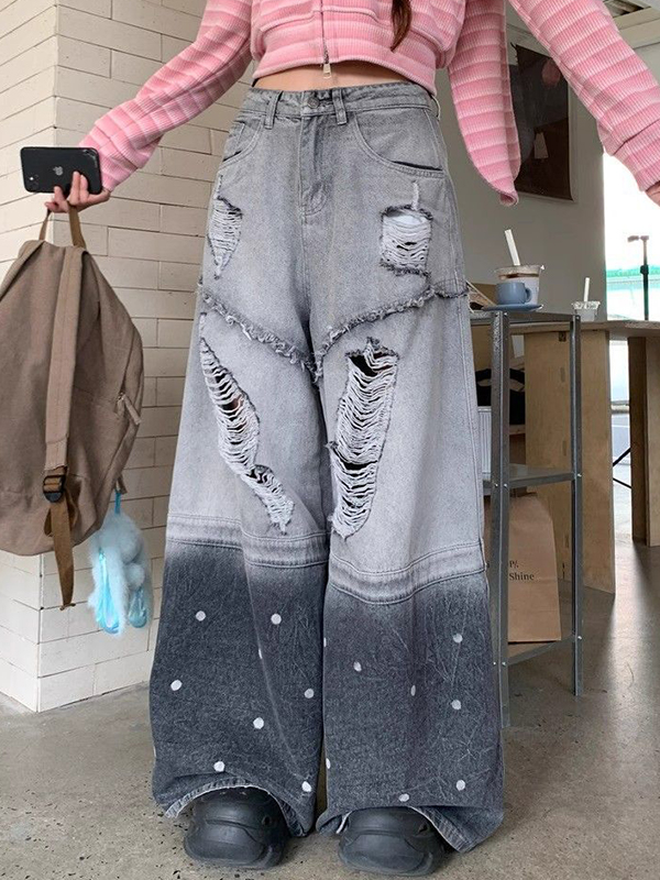 EMMIOL Wash-Faded Sectioning Ripped Jeans