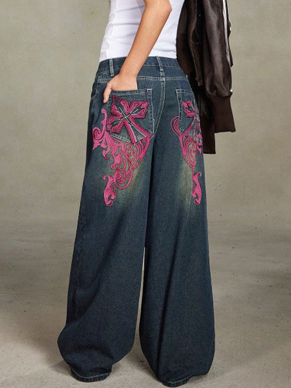 EMMIOL Gemusterte, bestickte, maschinenwaschbare Boyfriend-Jeans