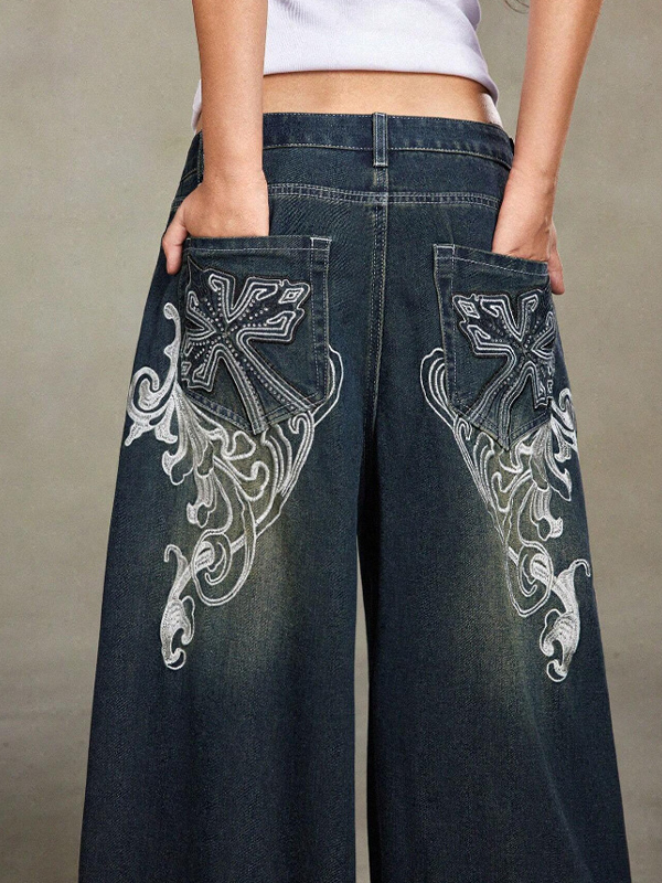 EMMIOL Gemusterte, bestickte, maschinenwaschbare Boyfriend-Jeans