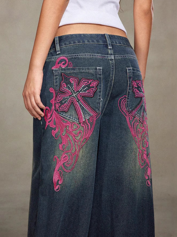 EMMIOL Gemusterte, bestickte, maschinenwaschbare Boyfriend-Jeans