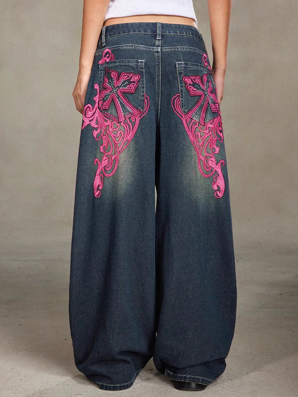 EMMIOL Gemusterte, bestickte, maschinenwaschbare Boyfriend-Jeans