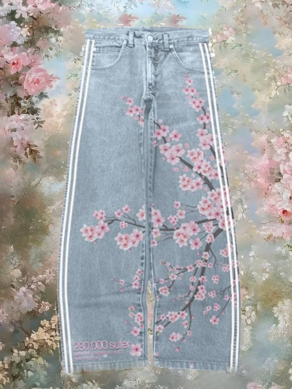 EMMIOL Retro-Streifen-Boyfriend-Jeans in Pflaumenblütenform