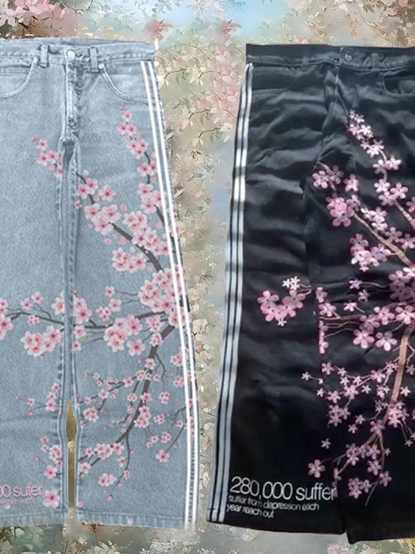 EMMIOL Retro-Streifen-Boyfriend-Jeans in Pflaumenblütenform