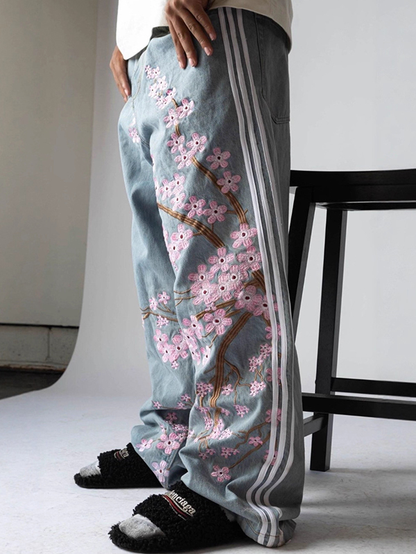 EMMIOL Retro-Streifen-Boyfriend-Jeans in Pflaumenblütenform