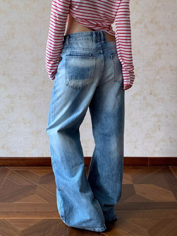 EMMIOL Vintage-Washed Distressed Finish Baggy Jeans