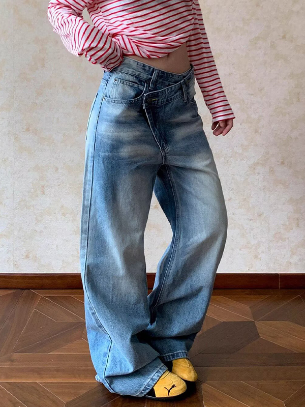 EMMIOL Vintage-Washed Distressed Finish Baggy Jeans