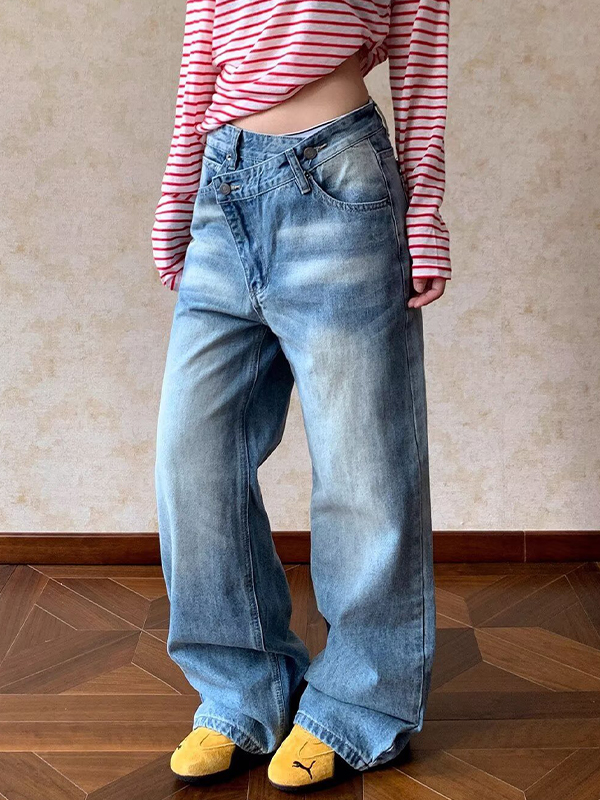 EMMIOL Vintage-Washed Distressed Finish Baggy Jeans