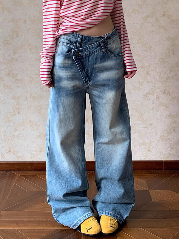 EMMIOL Vintage-Washed Distressed Finish Baggy Jeans