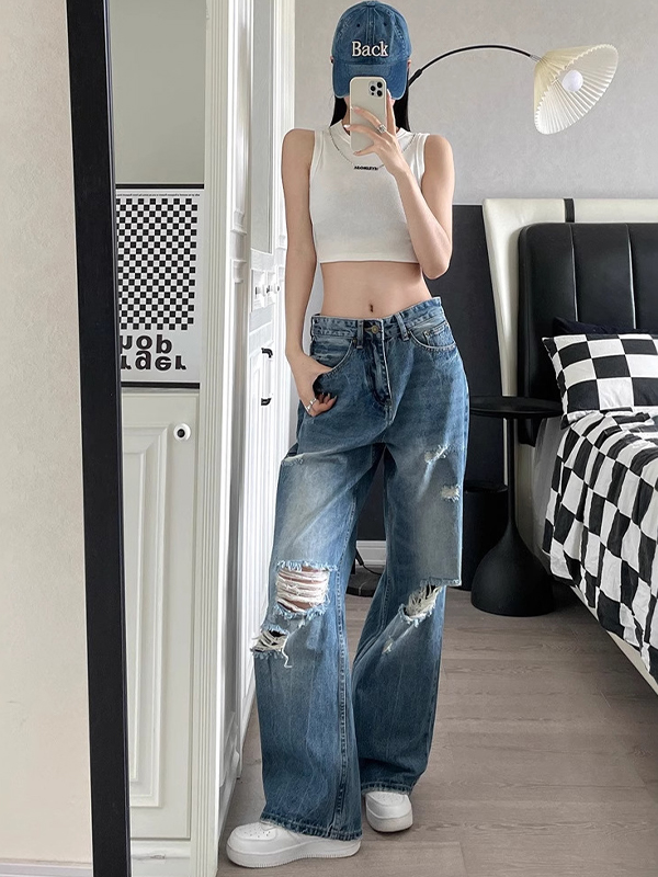 EMMIOL Unique Holes Baggy Jeans