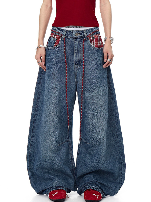 EMMIOL American Vintage Plaid Baggy Jeans